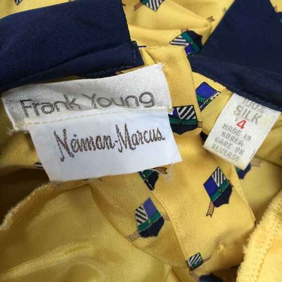 Vintage FRANK YOUNG Size 4 Silk Blouse Yellow Navy Crests Ribbons Button Back - Picture 3 of 8